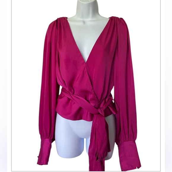 NWT Banana Republic Fuschia Wrap Top V Neck Balloon Sleeves Size 16 - Picture 2 of 9